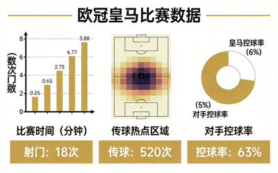 欧冠皇马比赛数据可视化图表 - 显示射门、传球、控球分布
